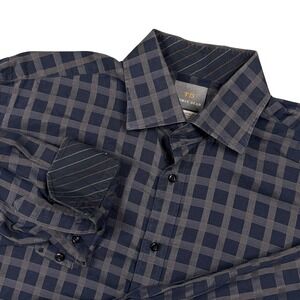 Thomas Dean Mens Long Sleeve Plaid Button Down Shirt XL Blue Flip Cuffs